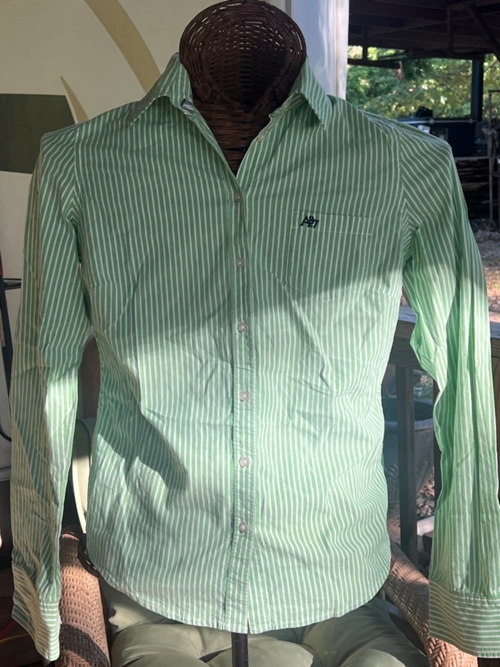 Aeropostale Green and White Striped Men's Button-Down Shirt
